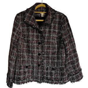 Chico"s Black Pink‎ Plaid Tweed Fringe Blazer Size XL